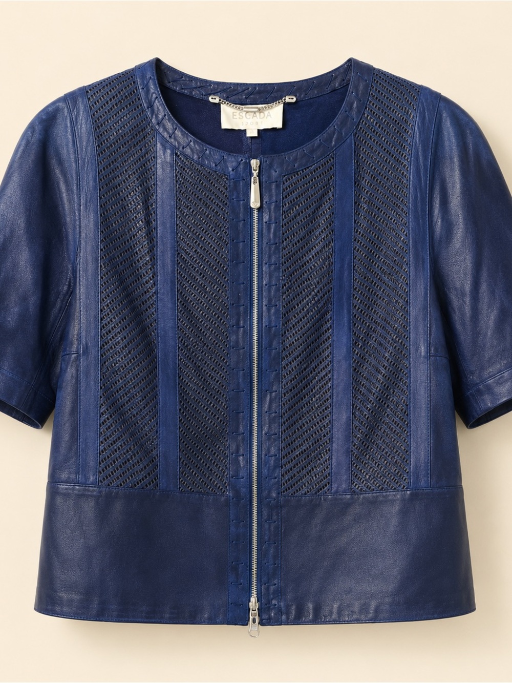 Escada Navy Blue Short-Sleeve Leather Zip Jacket